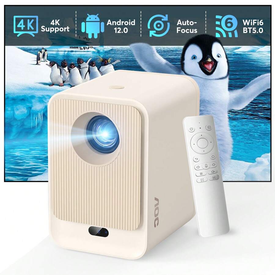 AOC Proyector 1080P Full HD Totalmente Sellado, Native 1080p y soporte 4K, 9000 Lúmenes, Auto Focus, Android 12.0, WiFi6 y BT 5.0, Pantalla 250", Entradas para Teléfono/PC/HDMI/USB, Portátil para Uso Doméstico y al Aire Libre
