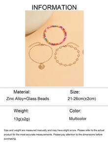 3pcs Fashionable Transparent Crystal Beaded, Metallic Shell Pendant, Colorful Bead Layered Anklet, Suitable For Daily, Party, Beach Vacation Wear. Handmade Adjustable Length, Random Color Arrangement - Multicolor - View 5