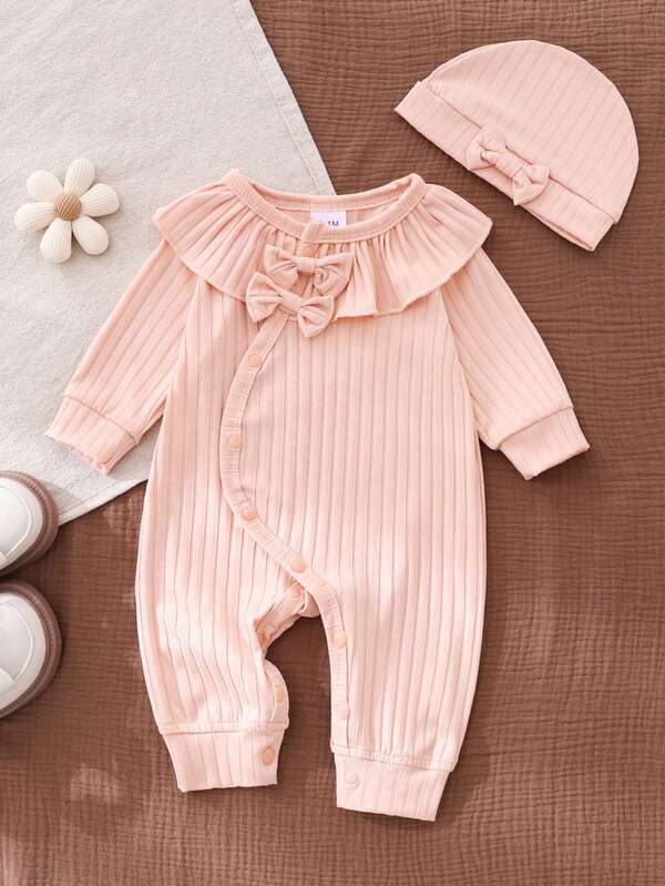 Baby Girl Soft & Skin-Friendly Jumpsuit, Pink, Round Neck Long Sleeve With Ruffle, Bow Decor, Button Front, All Season