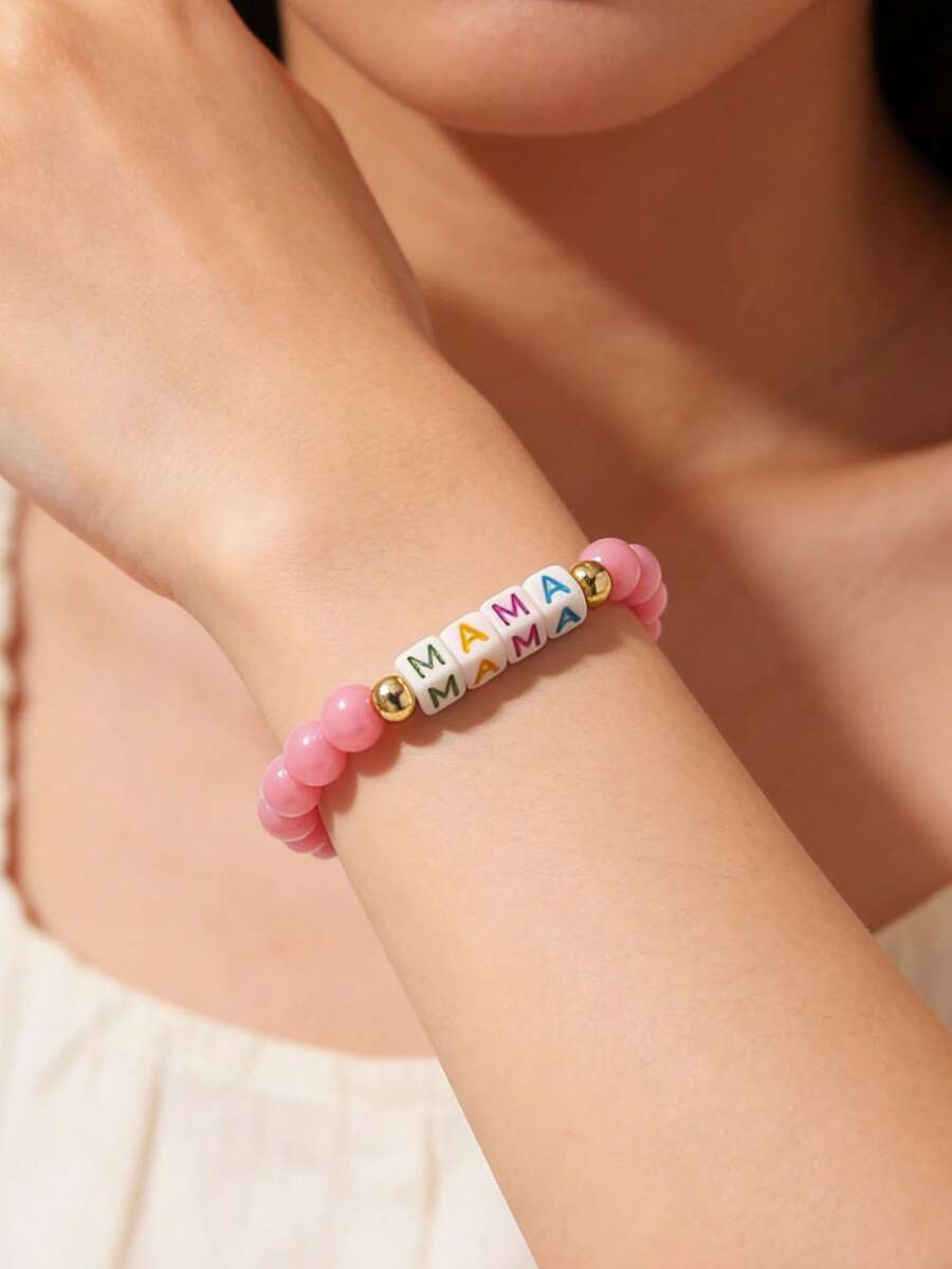 1 chiếc vòng tay đính hạt chữ MAMA, vòng tay dây thun cho nữ, quà tặng trang sức dễ thương cho mẹ. - MẸ - Xem 1