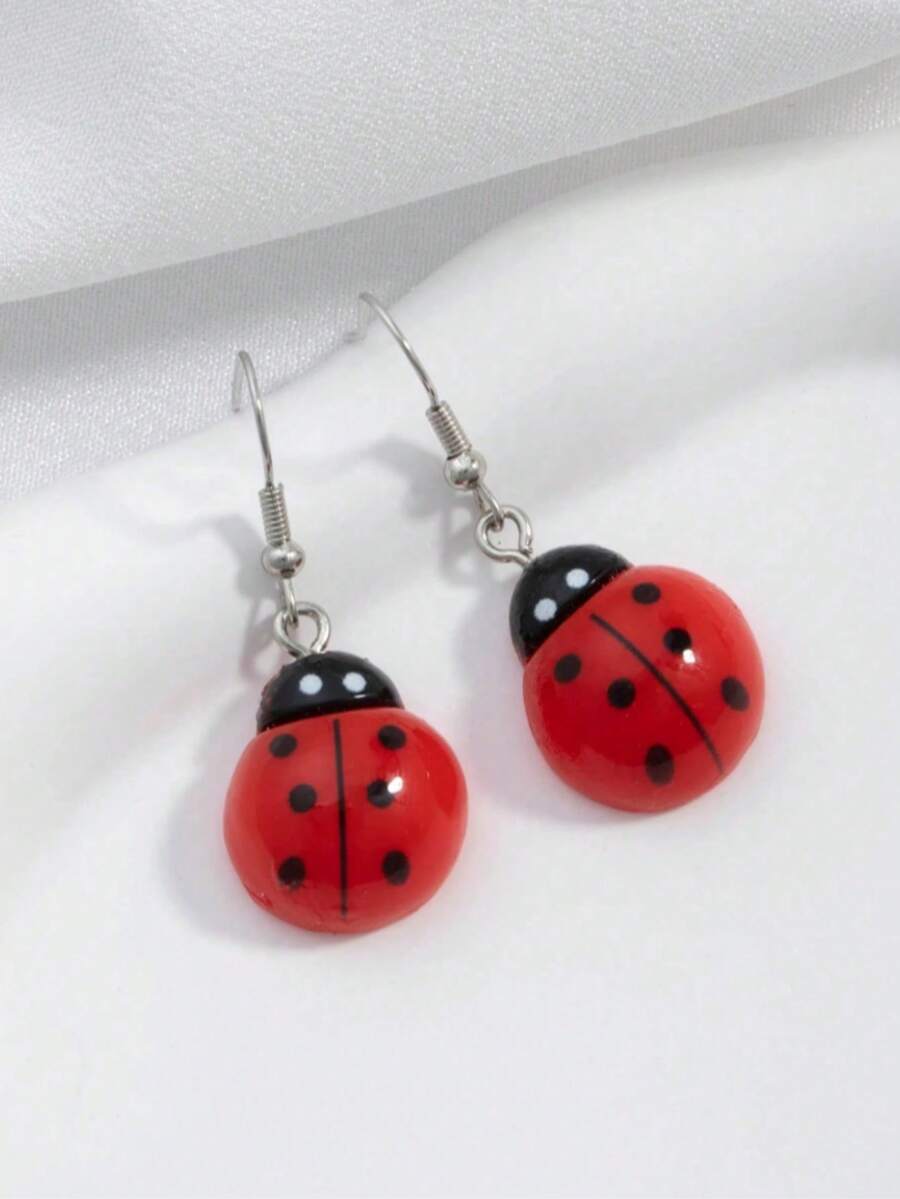 1 Pair Of Resin Ladybug Earrings, Y2K Insect Earrings, Weird Earrings - Red - View 1
