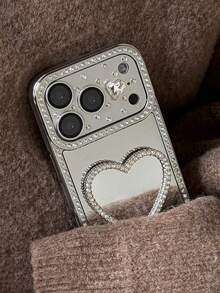 1pc Luxury Rhinestone Bling Glitter Heart Ring Holder Mirrored Phone Case Compatible With IPhone 17 16 15 14 Pro Max Silicone Cool - Silver - View 2