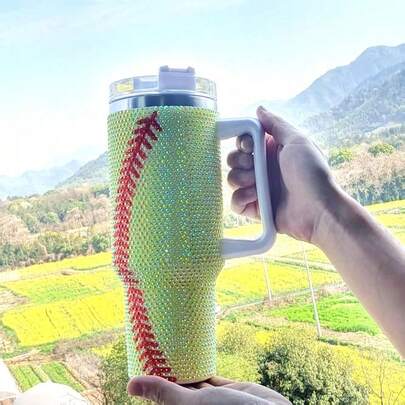 CRYSTAL BASEBALL WHITE/RED "BLINGED OUT" 40 OZ. TUMBLER With Straw And Handle
