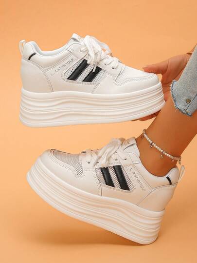 Women's Platform Sneakers, Casual Sports Style Lace-Up Mesh Patchwork, Breathable Comfortable Hidden Wedge, Fashionable Versatile Casual Shoes