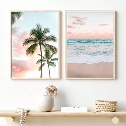 1/2pcs Framed/Unframed Summer Tropical Seascape Sunset Canvas Poster, Palm Tree, Ocean Wave, Beach House Wall Art Print, Modern Home Decor For Apartment, Living Room, Bedroom