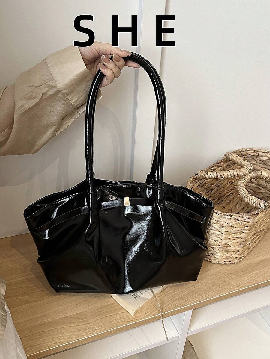 新款多功能小众高端大容量手提包，休闲简约通勤腋下包 - 黑色 - 查看 1