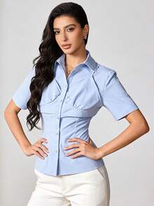 1 pieza Camisa de manga corta con botones de unicolor para mujer, para oficina, uso diario, festivales, verano, camisa azul - Azul - Ver 3