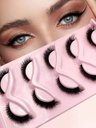 ENCHUW 5 Pairs Natural Cat Eye False Eyelashes, 3D Thick Soft Fluffy Natural Style Eyelash Extension Set