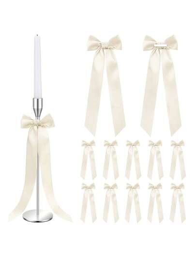 Bộ 6 chân nến màu ngà voi kèm nơ trang trí, nơ ruy băng satin lớn 11,8 inch, bán sỉ, nơ tự dính làm sẵn, thích hợp trang trí tiệc cưới, tiệc mừng em bé, vật trang trí bàn, chân nến, gói quà.