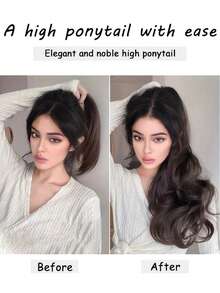黑色马尾辫接发，女士专用，18英寸大波浪卷发，爪夹式马尾辫，自然合成假发接发，易于使用，蓬松不打结 - 彩色 - 查看 6