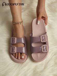 Summer New LUOFU Fashion Women Flat Slippers, Outdoor Beach Slippers, Fashionable Double Buckle Slippers, Indoor Non-Slip Sandals - Pink - View 10