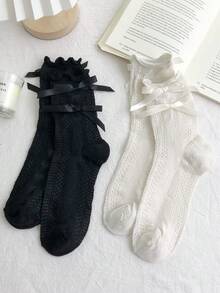 半双装蕾丝刺绣蝴蝶结装饰中筒袜，女士春夏芭蕾舞风格袜子，适合搭配JK、裙子、洛丽塔服饰 - 彩色 - 查看 10
