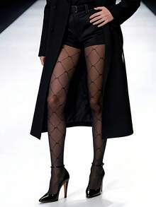 Women's Black Cross Bow Print Tights - Interlocking Bow Pattern & Stretchy, Romantic Statement Leggings For Date Nights, Everyday Chic & Festival Style - Black - View 9