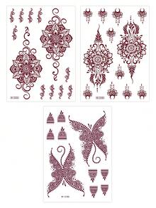 3 feuilles de tatouages temporaires au henné vermillon, tatouages au henné imperméables et longue durée, motifs de mandala, papillon et croissant de lune, pour femmes et filles, port quotidien, faux tatouages, art corporel au henné, accessoires pour rave - Rouge - Voir 6