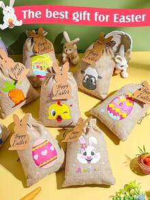 12/6/1pc 13*18cm Easter Gift Bags Printed With Colorful Bunnies, Carrots And Eggs Patterns, Bunny Cards, Drawstring Pouches, Candy Cookie Packaging, Party Favors, Suitable For Spring Theme Parties, Birthday Parties - Multicolor - View 1