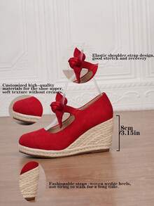 女士仿皮坡跟凉鞋，夏季度假款，方头套脚鞋，3.15英寸鞋跟，踝带编织草底镂空鞋，尺码34-43 - 紅色 - 查看 3