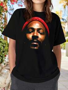 Womens Marvin Gaye T-Shirt Classic Soul Music Tee Vintage Graphic Tee Comfortable Cotton Tee - 黑色 - 查看 1