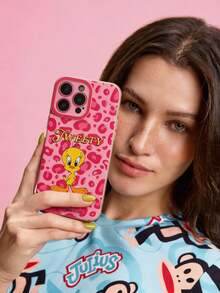 LOONEY TUNES X SHEIN Ốp lưng điện thoại thời trang họa tiết da báo hồng hình hoạt hình Tweety dễ thương dành cho nữ. - Bột - Xem 2