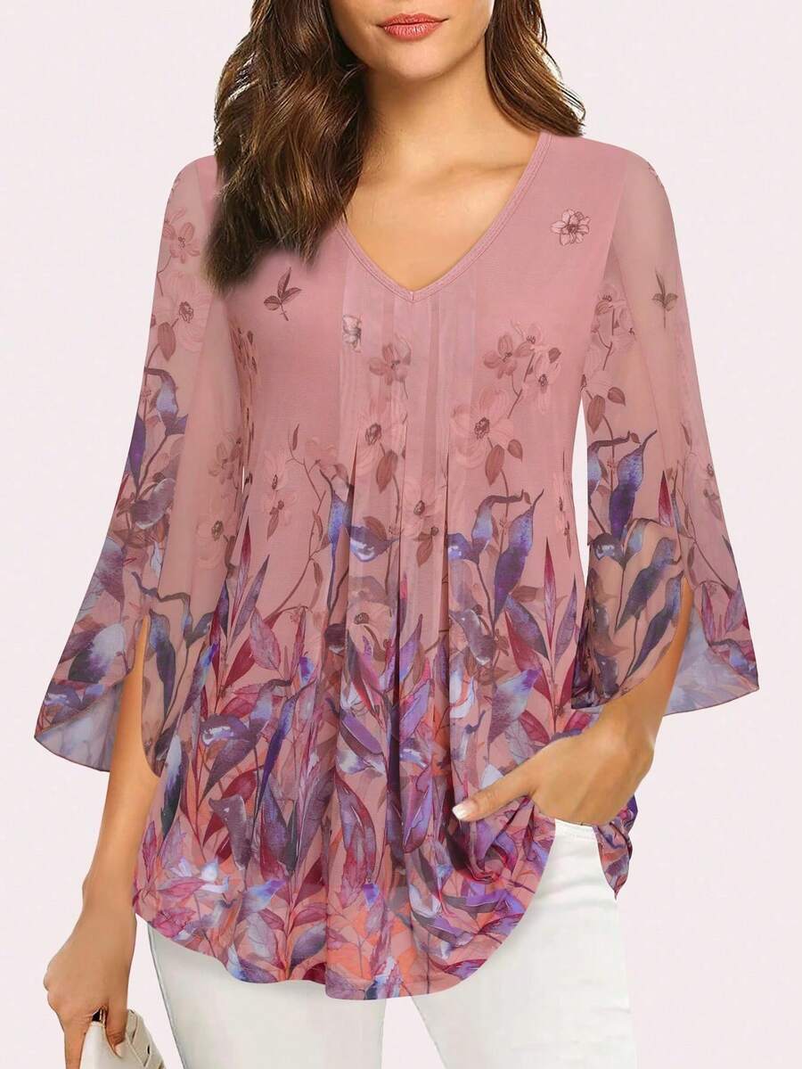 Women's Casual 3/4 Sleeve Floral Double-Layer Loose Pleated Mesh Blouse Vacation Spring - Coral Pink - View 1