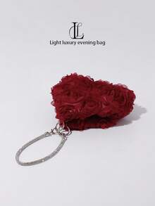 Elegant Luxury 3D Floral Pattern Evening Clutch, Rose Flower Handbag, Paired With High-End Diamond Bracelet Handbag, Suitable For Parties, Weddings, Galas, Celebrations, Valentine's Day, Women's Gifts, Formal Attire Matching, Formal Occasions, Lace - Burgundy - View 8