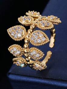1pc Vintage Palace Style Full Rhinestone Leaf Ring, Luxury Delicate Niche Design, Elegant Lady Style Adjustable Open Ring, Suitable For Daily Wear, Gift, Party - Open Ring - View 1