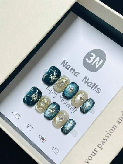 10pcs/Pack Starry Blue Cat Eye Moon Sun Pressed Nail Art, Golden Gem Decor, Cute Cosmic Aesthetic False Nails