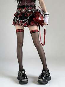 1 Pair Sheer Thigh High Stockings, Leopard Print Sexy Goth Sheer Tights, Red Plaid Trim Thigh High Socks, Punk Rock Cute Y2K Aesthetic - Multicolor - View 4