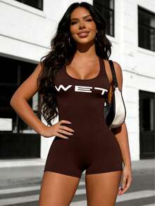 WEGIRL Sexy U-Neck One-Piece Romper,Spaghetti Strap Sleepwear Bodysuit With "WET" Print, Home Loungewear,Lingerie Playsuits,Casual Loungewear Playsuit For Daily Casual,Home Lounge - 咖啡棕 - 查看 8