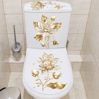 1pc Luxury Golden Lotus Flower & Pearl Bathroom Toilet Sticker, Elegant Floral Removable Bathroom Toilet Decal