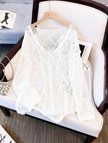 Women's V-Neck Hollow Rhombus Design Loose Knit Cover Up, Airy And Breathable For Beach/Resort Wear, Spring/Summer Vacation White - Light Blue - 查看 9