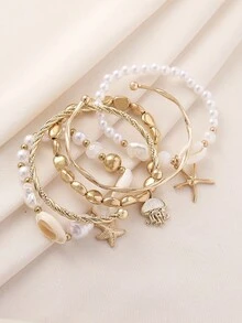 Bộ 5 vòng tay và lắc tay kiểu Bohemian đính hạt ngọc trai giả CCB hình sao biển và sứa, thích hợp cho nữ mặc hàng ngày, hẹn hò, đi nghỉ mát, dự tiệc và đi biển. - Nhiều màu - Xem 1