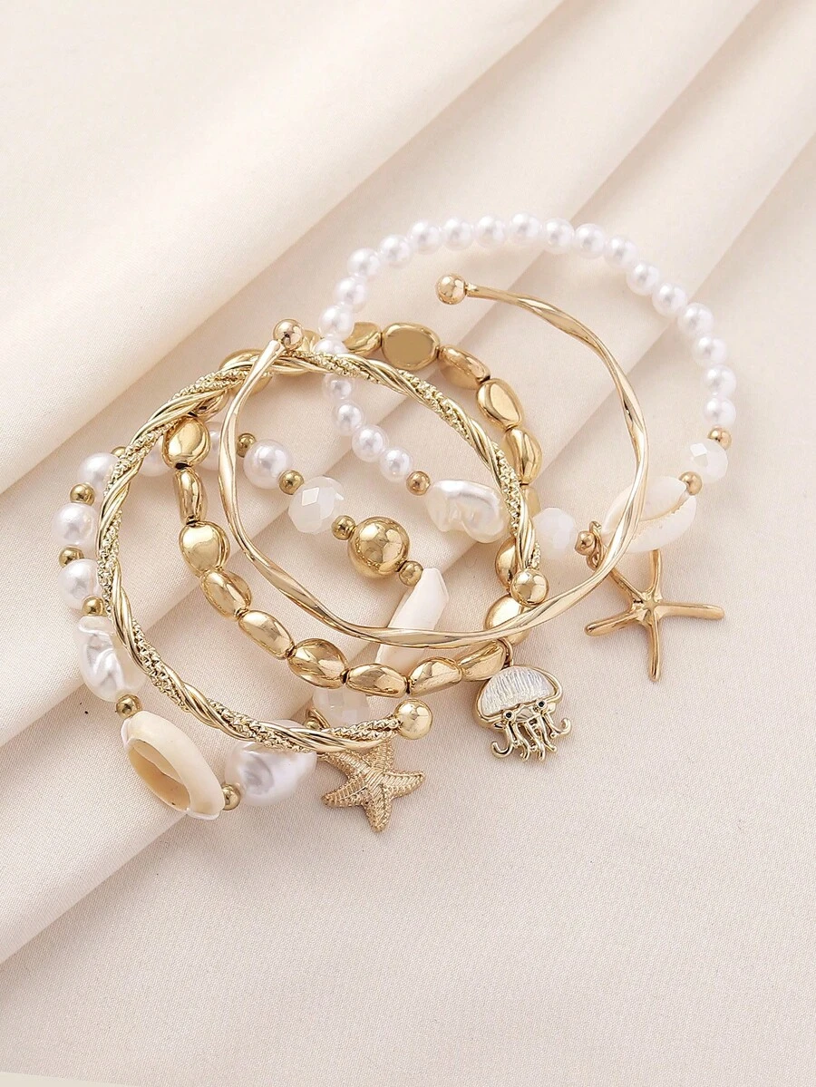 Bộ 5 vòng tay và lắc tay kiểu Bohemian đính hạt ngọc trai giả CCB hình sao biển và sứa, thích hợp cho nữ mặc hàng ngày, hẹn hò, đi nghỉ mát, dự tiệc và đi biển. - Nhiều màu - Xem 1