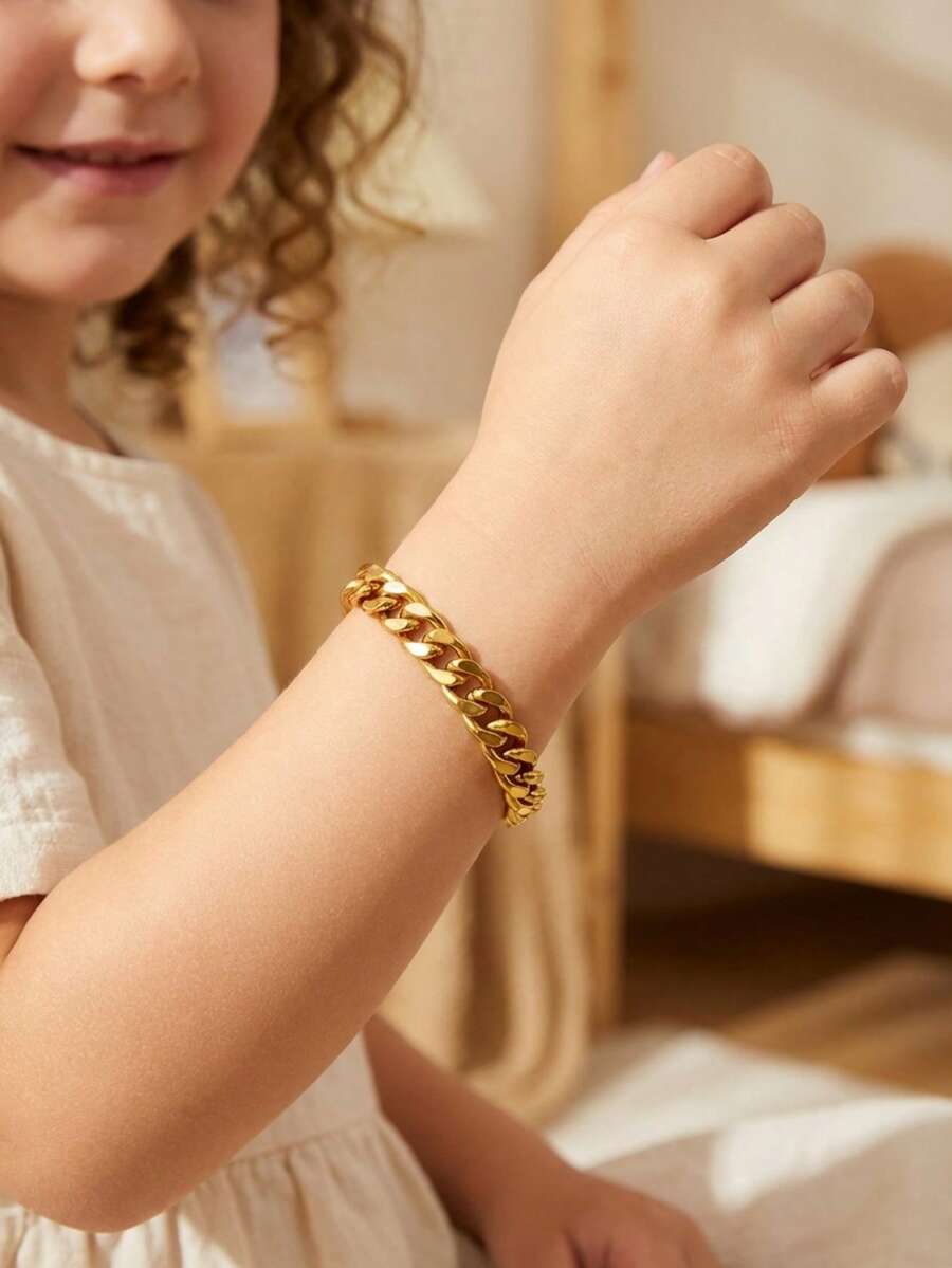 1pc Fashionable Delicate Gold Stainless Steel Chain Bracelet, Street Style Jewelry Accessory, Unisex Hip Hop Decorative Bracelet, Gift Accessory - Gold - View 1