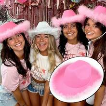 四件套女士套装：纯粉色羽毛西部牛仔帽、心形时尚眼镜和头巾——生日派对和女生独自聚会的必备单品 - 彩色 - 查看 4