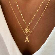 2Pcs/Set Classic Fashion Sun Initial Pendant Golden Stainless Steel Lip Chain Layered Choker Necklaces For Women - Yellow Gold - View 1