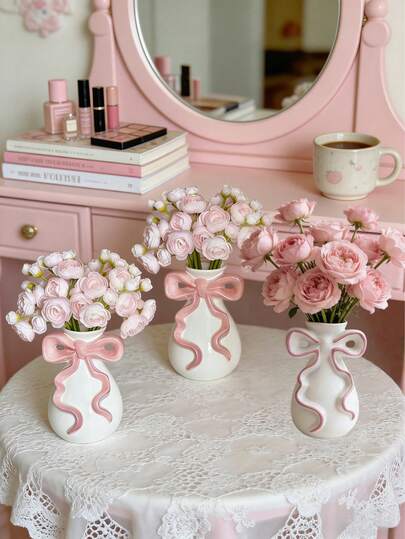 Pink Bow Vase, Cute Kawaii Decorative Vase For Home Decor, Modern Minimalist Vase For Tulips And Dried Flowers, Ideal Decorative Piece For Vanity, Bedroom, Living Room And Weddings