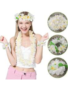 Bộ 4 món vòng hoa Hawaii, vòng cổ và vòng tay hoa Hawaii màu trắng, thích hợp cho tiệc sinh nhật, ngày lễ. - Xem 4