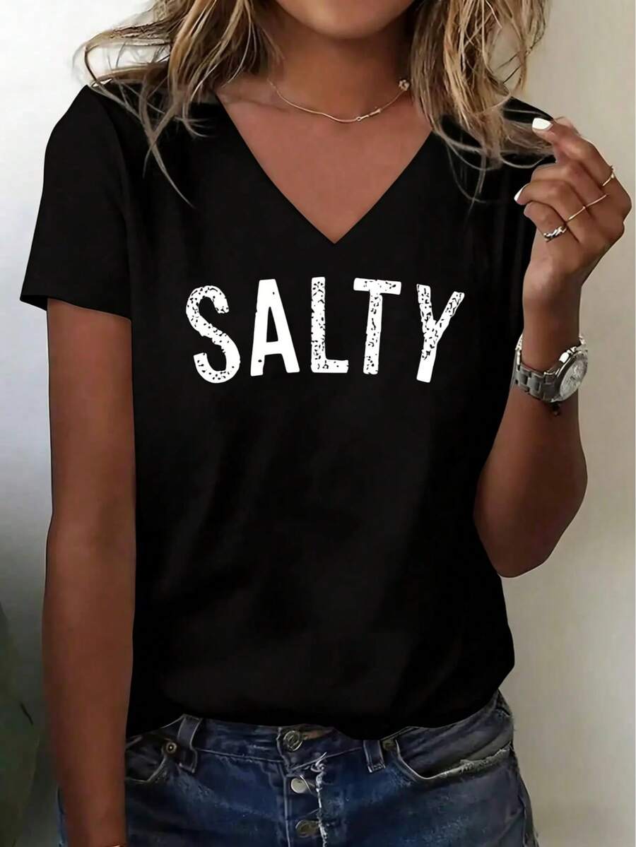 Women's Casual V-Neck T-Shirt With SALTY Pattern Print - White Short Sleeve Standard Fit Top, Suitable For Daily Wear, Outings, And Gifts - Machine Washable - màu đen - Xem 1
