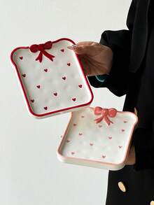 1pc/4pcs Pink Heart & Bow Ceramic Plate, Cute Hand-Painted Heart Ceramic Plate/Snack Dish/Trinket Tray, Korean Ins Style - Multicolor - View 3