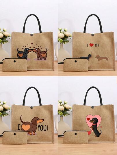 2pcs/Set Cute Dachshund Dog Print Jute Tote Bag With Wristlet Pouch, Bag For Women, Pet-Themed Burlap Design, Reusable Linen Shoulder Bag With Heart And Dachshund Pattern, Multifunctional Portable Handbag, Linen-Style Casual Shopping Tote, Portable Travel Beach Bag With Makeup Bag