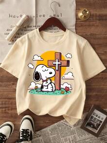 SNOOPY-Snoopy Prayer Printed Short Sleeve T-Shirt Women's Loose Casual Top Comfortable And Versatile Basic - Màu be - Xem 4