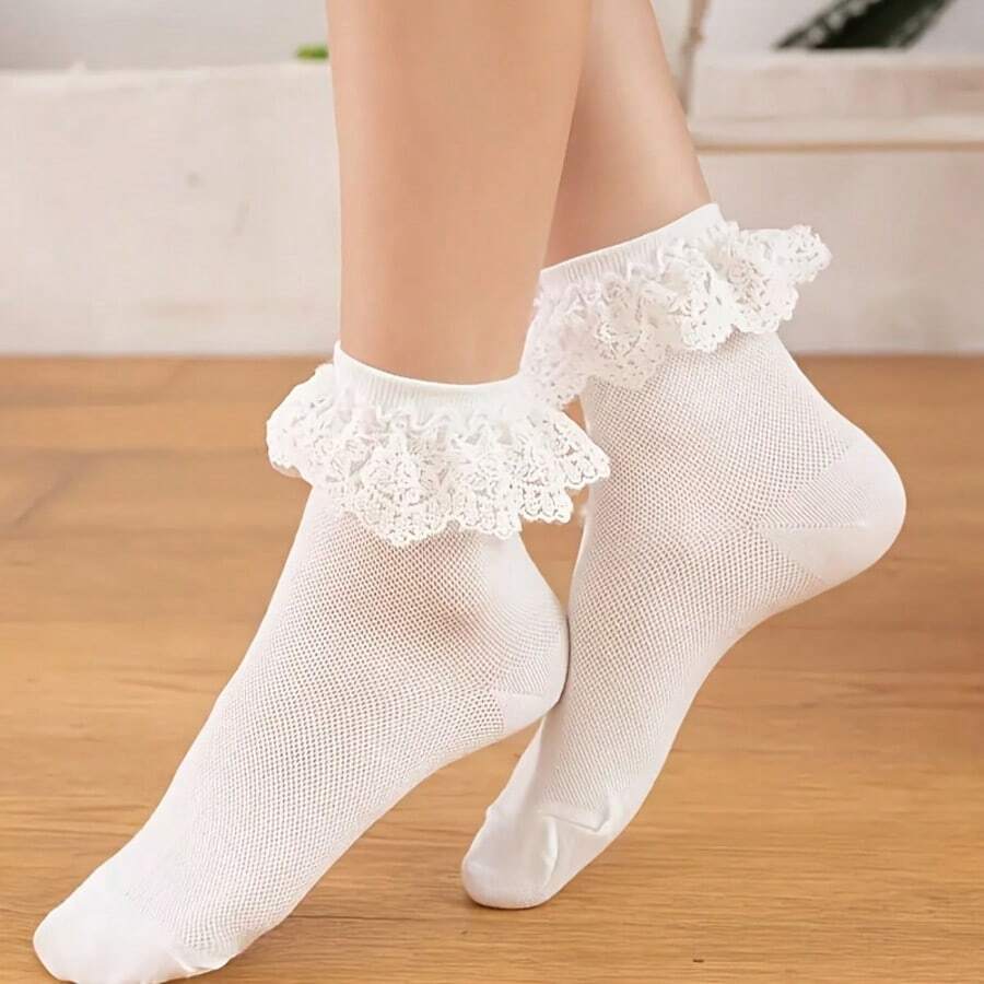 A Pair Of Women's Mid-Calf Socks With Lace Trim, Sweet And Cute. - 白色 - 查看 1