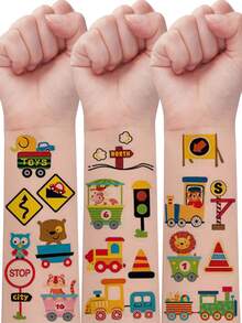 12Pcs Tattoo Stickers, With 104 Patterns Cartoon Steam Locomotive, Pull-Along Train, Choochoo Train Temporary Tattoo - Multicolor - View 1