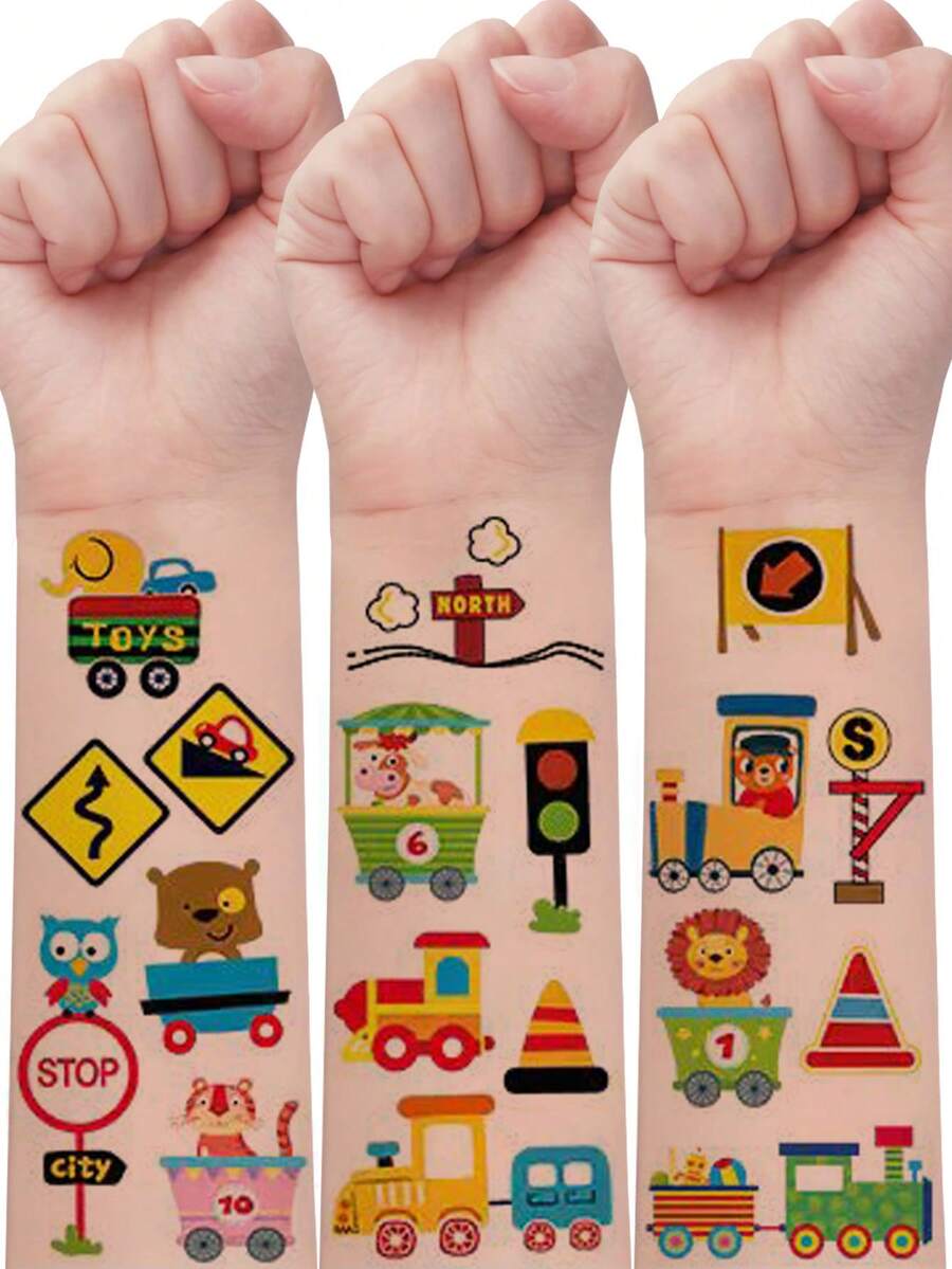 12Pcs Tattoo Stickers, With 104 Patterns Cartoon Steam Locomotive, Pull-Along Train, Choochoo Train Temporary Tattoo - Multicolor - View 1