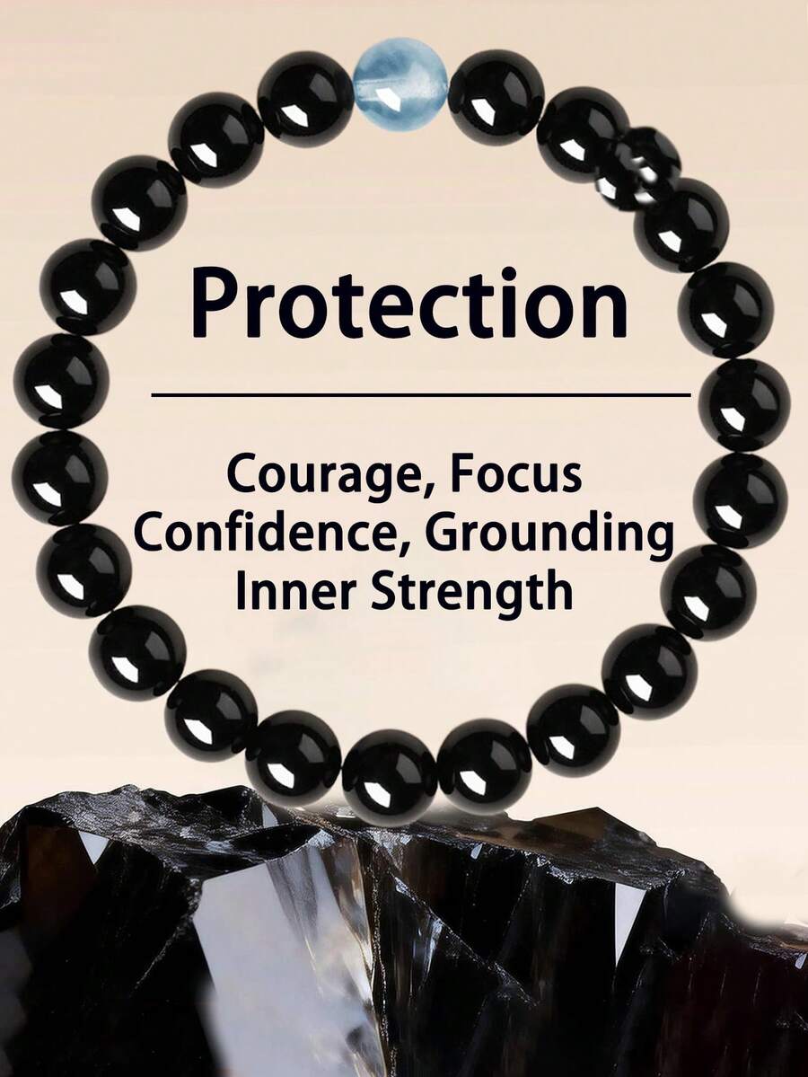 Fashionable Men's Black Obsidian Protection Bracelet, Attract Wealth, Aquamarine Courage, Focus, Energy Healing Yoga Meditation Jewelry Unisex - Multicolor - View 1