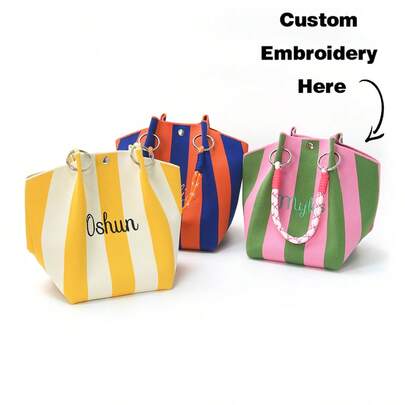 Personalized Girl's Crochet Knit Handbag Contrast Stripe Mini Tote Bag, Fashion Knitted Small Top Handle Purse, Lightweight Handheld Bag For Daily Use, Travel, Shopping, Casual Outfit Matching, Stylish Compact Girl's Hand Carry Bag
