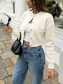 FOR BEAUTY Áo cardigan dệt kim dáng ngắn tay dài cổ tròn cài nút trước phong cách retro màu mơ cho nữ, mùa xuân & thu, áo top màu mơ, áo top mùa hè, trang phục đi biển - Mơ trắng - Xem 3
