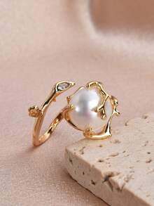 1pc 18K Gold Plated Natural Pearl & Cubic Zirconia Tree Branch Open Ring, Suitable For Women & Men, Daily Or Party Wear - White - View 2