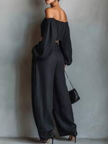 Ladies' Spring And Summer High-End Minimalist Niche Design Off Shoulder Long Sleeved Shirt With Wide Leg Pants Set - Women's 2-Piece Set, Commuting Fashion, Comfortable Leisure, Elegant Youth - 黑色 - 查看 3