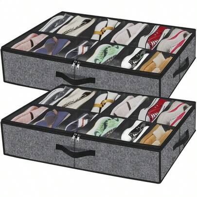 1pc/2pcs - Foldable Non-Woven Fabric Partitioned Dustproof Shoe Box, Suitable For Under-Bed Storage, Can Hold 12 Pairs Of Shoes, With Partitions And A Transparent Lid, Making It Very Convenient To Organize Shoes. Keep Your Shoes Organized And Create More Space.